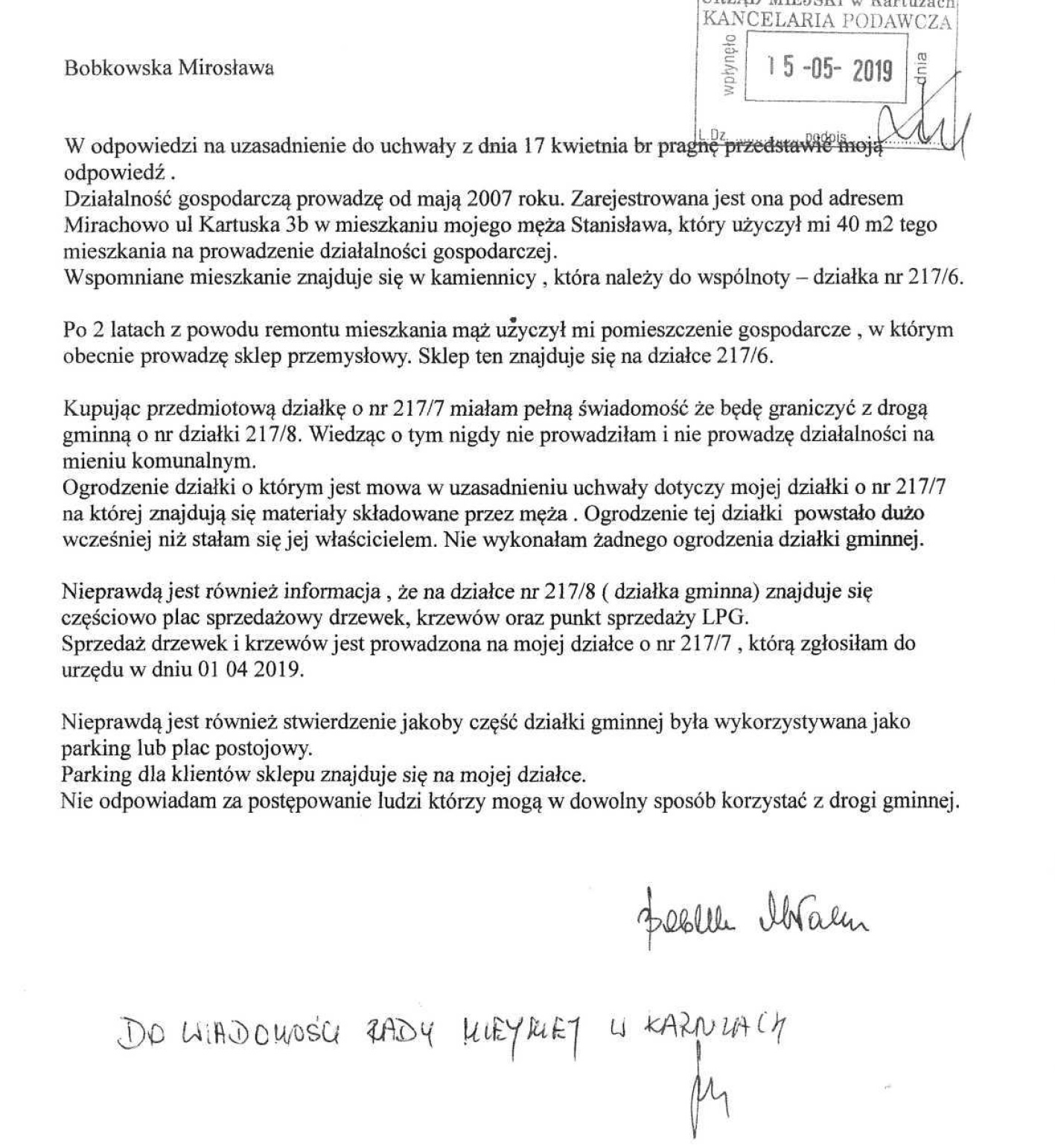 Wyjaśnienie radnej Mirosławy Bobkowskiej. źródło: materiały RM Kartuzy